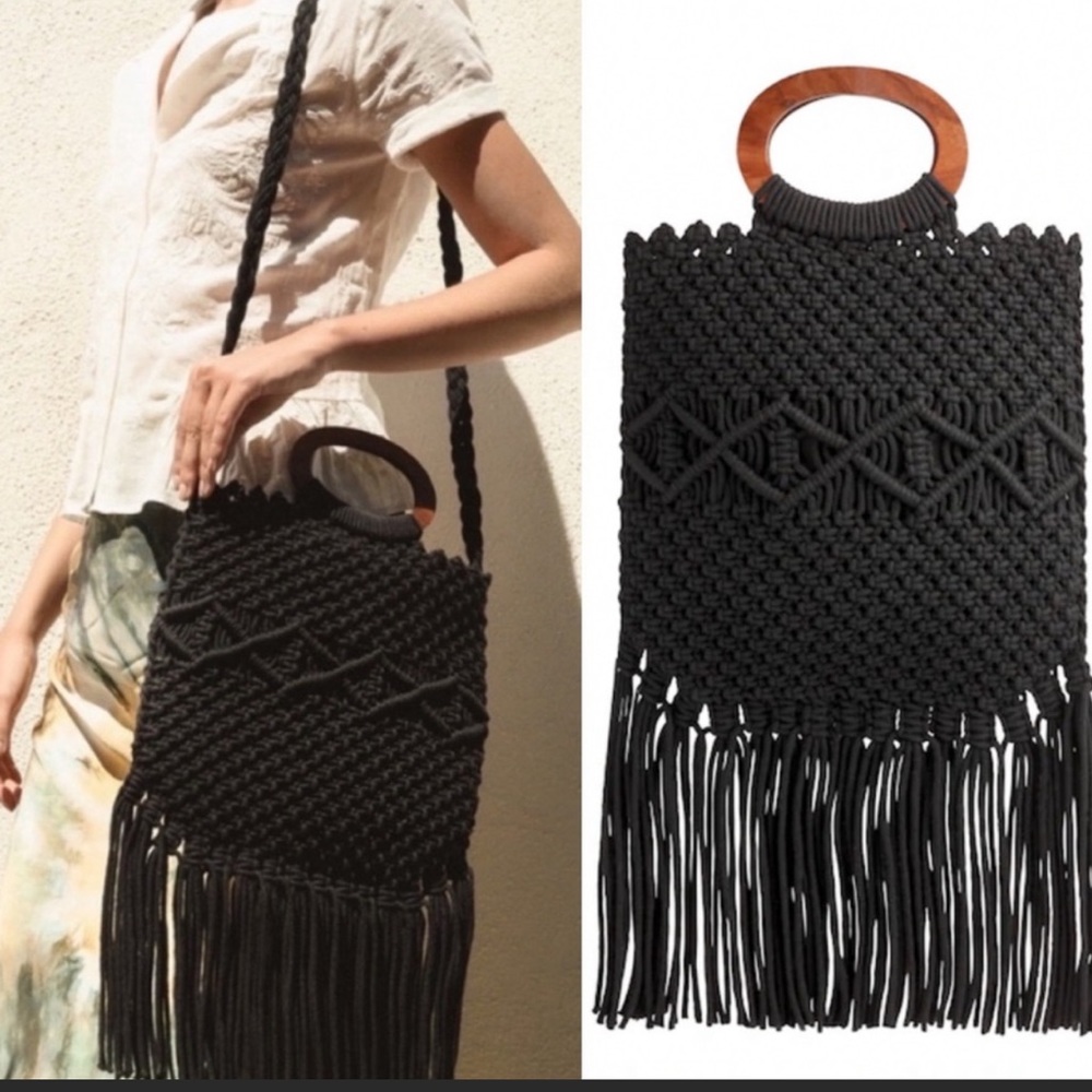 Danielle Nicole Black Boho Fringe Macrame Wooden Handle Crossbody Bag
